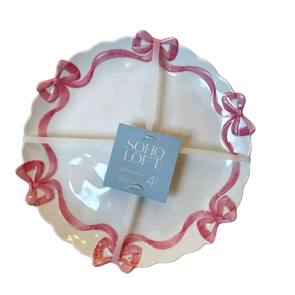 Soho Loft Pink Bow Melamine Dinner Plates 11in Set of 4 Chic Kitchen NEW